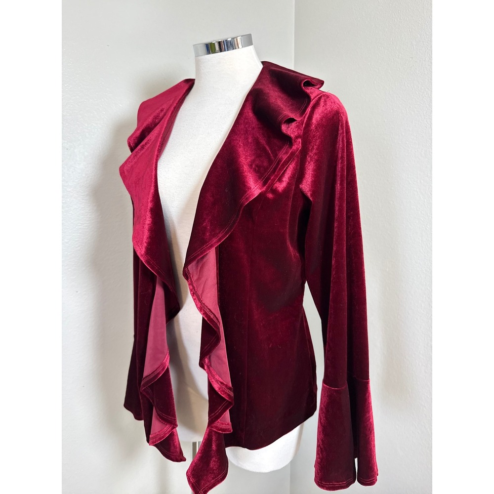 Notations Y2K Burgundy Velvet Ruffle Front Bell Sleeve‎ Open Cardigan Jacket M - Picture 2 of 9